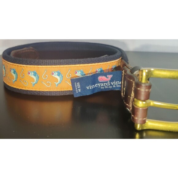 Vineyard Vines Orange Fish Canvas and Leather Tipped Men's belt Size 36 - Picture 7 of 16